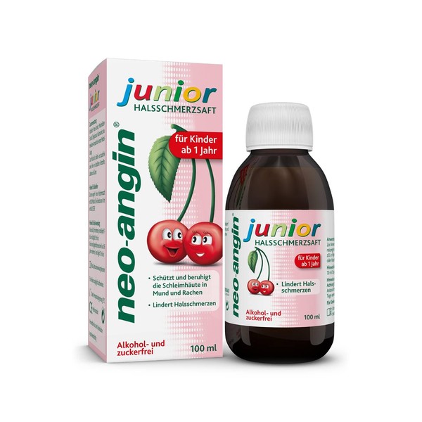 neo-angin Junior Sore Throat Juice with Delicious Cherry Flavour, Relieves Sore Throat and Soothes the Irritated Mucous membrane, for Children from 1 Year, Sugar-Free Cough Syrup with Icelandic Moss,