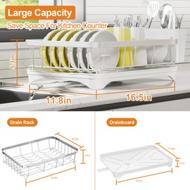 arshray Stainless Steel Dish Drying Rack – 304 Grade Dish Racks for Kitchen Counter with Utensil Holder & Adjustable Spout, Space-Saving Organizer, 16.5" x 11.8" x 5.3" White