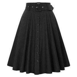 Women Vintage Skirts Solid Color Button Decorated High Waisted Flared A-Line Skirt Black L