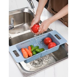 Tomorotec 2 Pack Extendable Sink Colander Basket Over the Sink Colander, Adjustable Kitchen Sink Colander, Drying Colander Basket for Fruit Vegetable Wash (Blue)