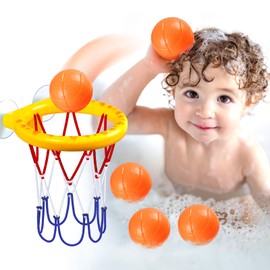 Bath Toys, Bathtub Basketball Hoop for Toddler Kids - 5 Soft No-Hole Balls, Yellow Duck Cartoon Style with Strong Suction Cups, Baby Shower Toy Set for Boys & Girls, Gift-Ready