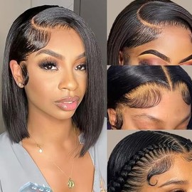 TIRALI Short Bob Wig Human Hair 13x4 HD Lace Frontal Wigs Human Hair Pre Plucked with Baby Hairs 180 Density Straight Bob Lace Front Wigs Human Hair for Women 16 Inch