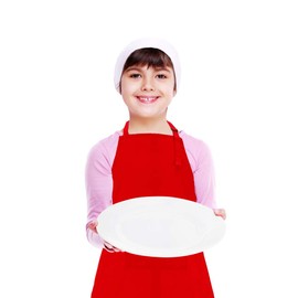 CRJHNS Kids Apron and Chef Hat Set, Adjustable Cotton Child Aprons with Large Pocket Red Girls Boys Kitchen Bib Aprons for Cooking Baking Painting