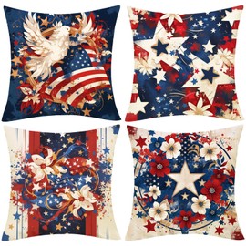 4th of July Pillow Covers 18 x 18 Inch Memorial Day Independence Day American Flag Freedom Ring Stars Fireworks Throw Pillows, Set of 4 USA Cushion Cases for Couch Bed Decorations (Color 2)
