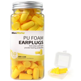 MAXWORKS 51064 Yellow Color PU Foam Ear Plug (60 Pairs) and Silicone Ear Plug (1 Pair) Set
