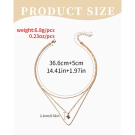 QLEUIFT 1 x Boho Layered CZ Crystal Necklace Gold Square Solitaire Pendant Necklace Mini Rhinestone Necklace Multilayer Ball Chain Necklace Jewellery for Women and Girls
