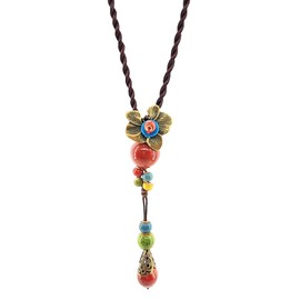BELLEXIXI Adjustable Bobo Bohemian Vintage Long Ceramics Beads Beaded Tassel Necklace Sweater Chain for Women (Red Flower)