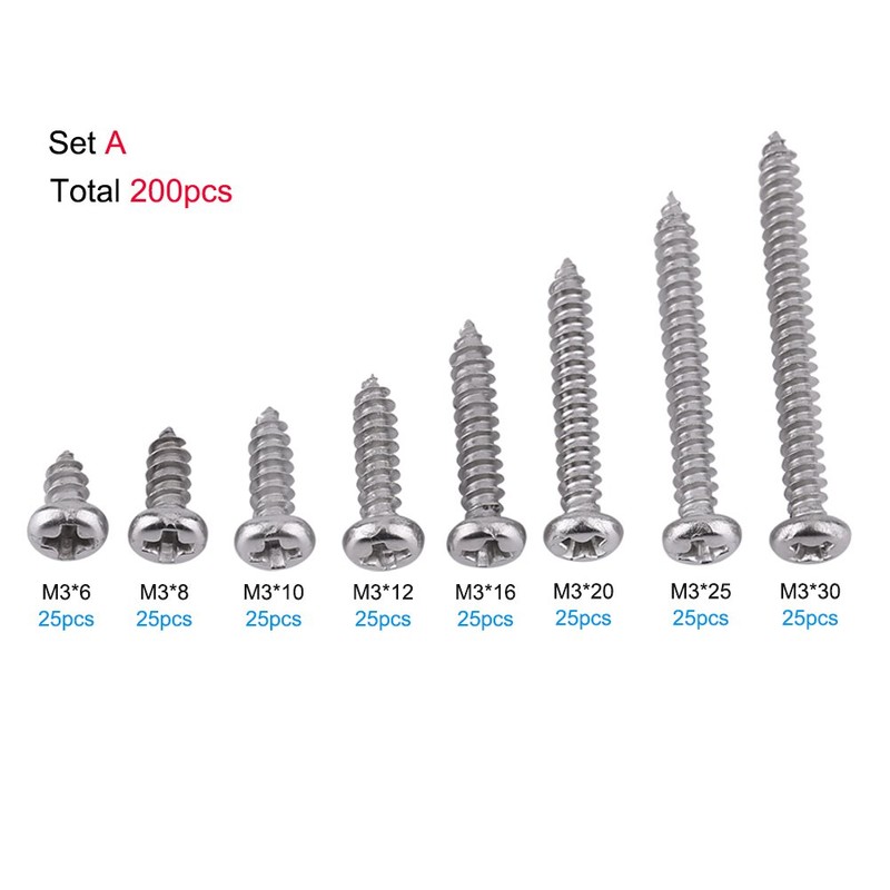 Pack of 200 SS Grade 304 Stainless Steel M3 Self-Tapping