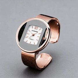 Elegant Casual Quartz Bracelet Watch with Large Golden Dial Alloy Band & Case, Square Bezel, Date DisplayColor: Rose Golden