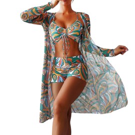 MMOOVV Bikinis mit hoher Taille 3-teiliger Bikini Set vertuschen Badeanzug für Frauen Langarm-Push-Up-Badebekleidung Beachwear Badeanzug (D, S)