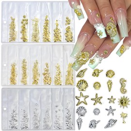 MOLILON Ocean Nail Charms for Nails, 3D Metal Nail Art Charms Studs with Pick Up Pen & Tweezers, Gold Silver Metal 3D Gems Decals, Summer Ocean Theme Designs for Women Manicure DIY Jewelry Making