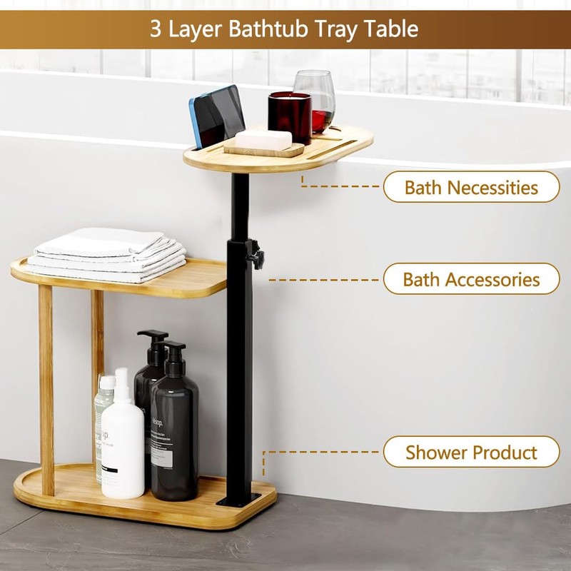 BeGyoku 3 Layer Bathtub Tray Table,Bamboo Swivel Bathtub Side Table