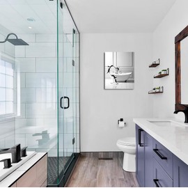 Funny Bathroom Wall Art Decor, Modern Wrapped Canvas Prints, Black and White Canvas Wall Art Pictures, Cute Penguin Bathing Wall Decor, Humor Farmhouse Animals Prints Framed Ready to Hang 16"x20"