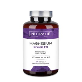 Nutralie Magnesium and Vitamin B5, B6 and C – Magnesium Bisglycinate and Magnesium Citrate 100% Bioavailability – 120 Capsules, 108 g