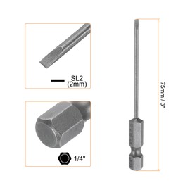 Sourcing Map SL2 2mm S2 Steel Flat Head Magnetic Slotted Screwdriver Bit 1/4" Hex Shank 3" Long for Removing Screws
