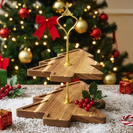 Christmas Tree 2-Tier Wood Serving Tray – Acacia Wooden Tiered Server for Holiday Table, Rustic Farmhouse Cheese Platter for Charcuterie, Cheese, Fruit & Desserts (15" & 11" Plates) (Wood Color)