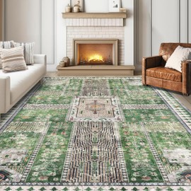 YARNSCAPE Vintage 9' x 12' Washable Area Rug - Stylish Indoor Rug for Living, Dining or Bedroom - Lightweight Carpet with Non-Slip Backing - Foldable for Easy Placement and Maintenance - Green