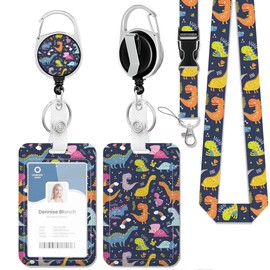 ID Badge Holder with Lanyard Cute Dinosaurs Retractable Badge Reel Carabiner Clip Lanyard Name Card Vertical ID Protector,ID Card Holder Keychain Name Badge Clip for Women Men