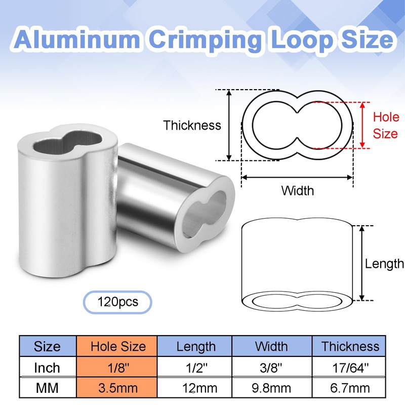 CooBigo 120Pcs 1/8""Cable Crimp Sleeves, Aluminum Wire Rope Crimping Loop