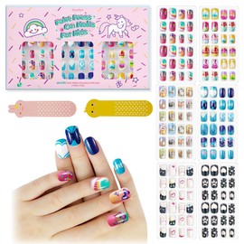 144Pcs 6 Pack Press on Nails for Kids Children Acrylic Fake Nails Pre-glue Full Cover Glitter Gradient Color Heart Cat Short False Nail Art Kits Sets Valentines Day Gifts for Kids Girls