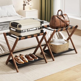 Fully Assembled Luggage Rack, Walnut Luggage Rack for Guest Room, Bamboo Folding Suitcase Stand with Storage Shelf, 5 Nylon Straps, Luggage Holder for Bedroom Hotel, 26.77"W x 16.93"D x 22.5"H, 1 Pack