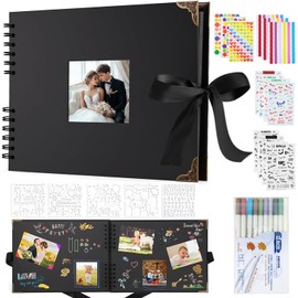 Álbum de fotos tipo scrapbook,libro de recuerdos DIY de 80 páginas,cubierta intercambiable,con pegatinas,plantilla y 12 Bolígrafos para cumpleaños,San Valentín, bodas, regalo de Navidad. (Negro)