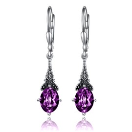 Vintage Leverback Amethyst Purple Earrings Sterling Silver Retro Drop Earrings with Oval Simulated Birthstone Crystal from Austria, Birthday Jewelry Gifts for Women
