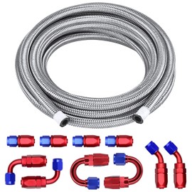Piodelo Universal 6AN 3/8" 20FT Fuel Line Hose Kit, AN6 CPE Nylon Stainless Steel Braided Fuel Line Oil/Gas/Fuel Hose Fitting Kit with 10PCS Swivel Hose Ends Fitting Adapter - Red & Blue