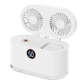 2 in 1 Small Humidifying Fan USB Rechargeable Strong Wind Portable Double Fan Blades for Office Bedroom White