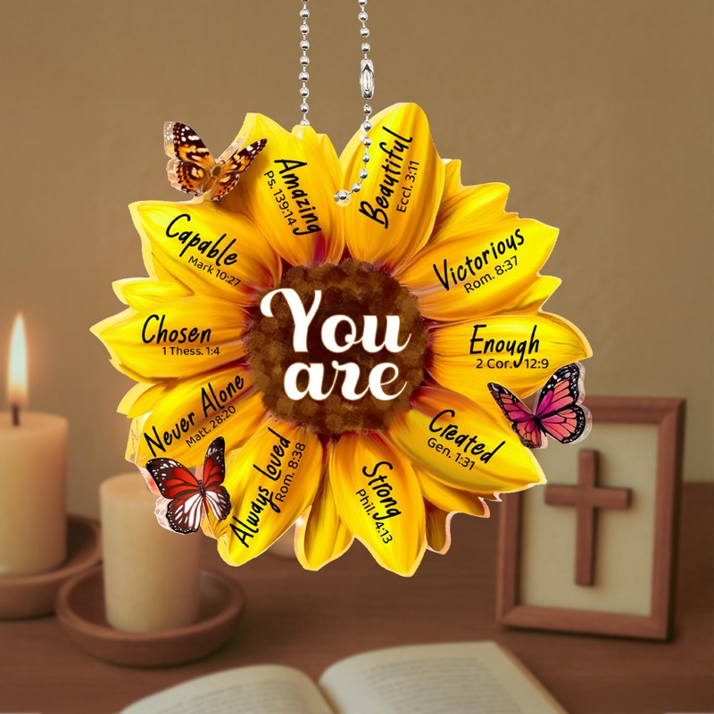 Sunflower Car Hanging Rear View Mirror Accessories with Bible Verse,