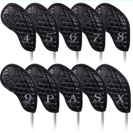 Golf Iron Club Head Covers Magnetic Right Hand 10pcs 4-9,P,A,S,X Black PU Leather Iris Pattern