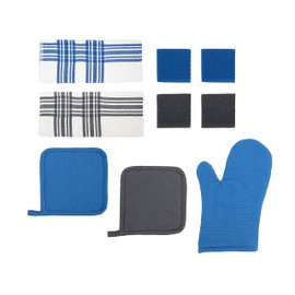 Chicago Metallic Kitchen Textile Set, Oven Mitt & Pot Holder, Cotton Terry Kitchen Towels & Dish Cloths, 9-Piece, Blue White and Gray