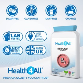 Vitamin B2 Riboflavin 100mg 120 Tablets Migraine Support, Stress and Energy. Vegan. Made by Health4All