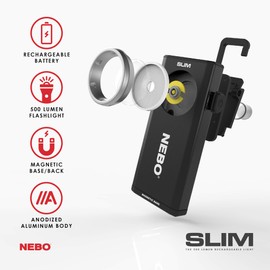 NEBO 500-Lumen LED COB Work Flashlight: Rechargeable Light Equipped with Dimming and Power Memory Recall Featuring A Pocket Clip, Hanging Hook and Magnetic Base Slim 6694 – Black