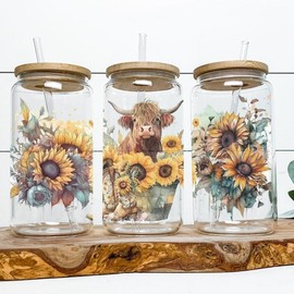 Sunflower Highland Cow Gifts for Women, Frosted Glass Tumbler, 16 OZ Glass Cups for Iced Coffee, Smoothie, Reusable Boba Cup, Glass Cup with Bamboo Lid and Straw, Best Gifts, Country Cowgirl 1 Cup