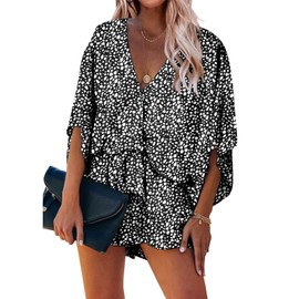 PRETTYGARDEN Women’s Leopard Print Shorts Jumpsuit Wrap V Neck 3/4 Sleeve Casual Loose Oversized Romper With Pockets (Black, Medium)