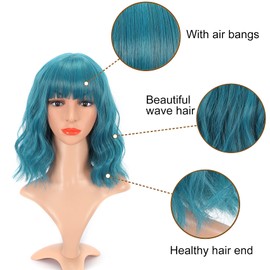 VCKOVCKO Natural Wavy Wig With Air Bangs Short Bob Dark Blue Wigs Women's Shoulder Length Wigs Curly Wavy Synthetic Cosplay Wig Pastel Bob Wig for Girl Colorful Wigs(12",Dark Blue)