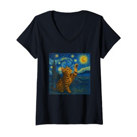 Womens Cat Starry Night Van Gogh Gift Bengal Cat Mom V-Neck T-Shirt
