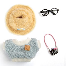 17cm Doll Clothes, Kawaii 4-Piece 17cm Clothes Dolls Outfit Set with Accessories – Luck Oatmeat Hat + Black Glasses + Black Camera + Blue Smily Shirt(Doll Not Included)