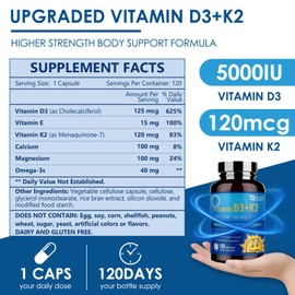 NATURE TARGET NATURE TARGET Vitamin D3 + K2 with Calcium & Magnesium – Upgraded Formula for Bone, Heart & Immune Health – Maximum Strength 5000 IU D3, 120 mcg K2, Non-GMO, Gluten-Free, 120 Capsules