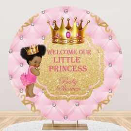 OFILA Welcome Our Little Princess Round Backdrop 6.5FT Gold Crown Pink Circle Background Cover for Photography Birthday Baby Shower Newborn Baby Girl Photo