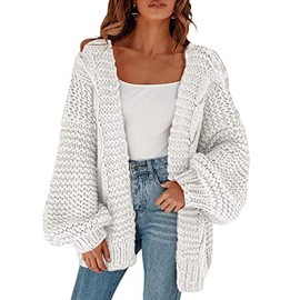 Cicy Bell Women's Cardigan Loose Lantern Sleeves Elegant Oversized Pullover, White