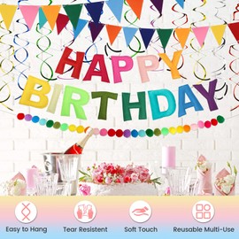 Pre Strung Happy Birthday Banner Set - Felt Ball Garland, Felt Birthday hat and Pennant Flags & Colorful Hanging Swirl, Reusable Rainbow Party Decorations for Kids & Adults