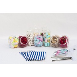 Wedding Sweet Table Kit: x10 Jar, x2 Tongs & 100 Candy Stripe 5"x7" Sweet Bags (Choose Sweet Bag Colour: Pink Blue Purple Red Green Grey Black Yellow) Candy Bar Buffet (Blue Sweet Bags x100)