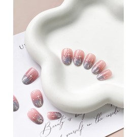 Press on Nails Short Round SWEKKE Summer Glitter French Tip Fake Nails Full Cover False Nails with Stars Designs Glossy False Nails with Nails Glue Artificial Acrylic Nails for Women Girls 24 Pcs