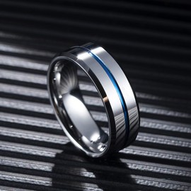 King Will 8mm Silver Tungsten Rings for Men Two Tone Mens Wedding Band Cool Promise Ring Engagement Blue Centre Grooved Thin Lines Matte Finished Beveled Edge Comfort Size 11