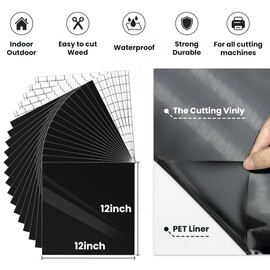 Black Permanent Vinyl, 15 Pack Black Vinyl 12" x 12" & 5 Transfer Tape Sheets, Permanent Adhesive Vinyl Sheets for Decor Sticker/Home Decor/Car Decal/Scrapbooking/Glossy & Waterproof