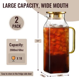 2 Pack 2 Liter/68 oz Square Glass Pitcher with Lid, Classic Stripes Water Pitchers with Handle for Fridge, Large Jug for Iced Tea, Coffee, Borosilicate Glass Carafe for Hot/Cold Brew Drink, Gold