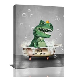 Funny Dinosaur Bathroom Wall Art Dinosaur Bathroom Pictures Wall Decor Animal Dinosaur in Bathtub Canvas Painting Print Rustic Farmhouse Bathroom Sign Artworks Framed for Toilet Bath Restroom 12"x16"