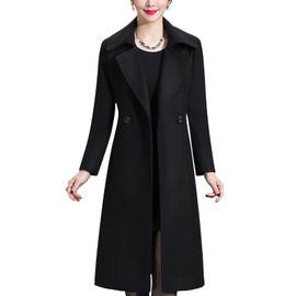 Aprsfn Women's Winter Wool Coats Warm Double-breasted Notched Lapel Jackets Midi Long Peacoat Long Sleeve Pea Coats(Black, Medium)